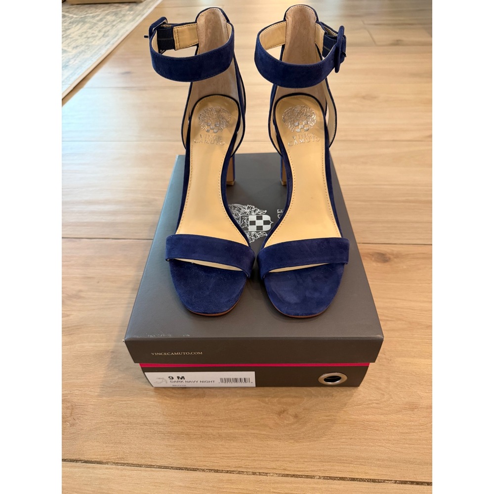 Vince Camuto Karika Navy Blue Suede Block Heel Ankle Strap Sandals 9M